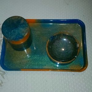 Homemade resin epoxy smoker 3 piece set rolling tray blue and orange glitter
